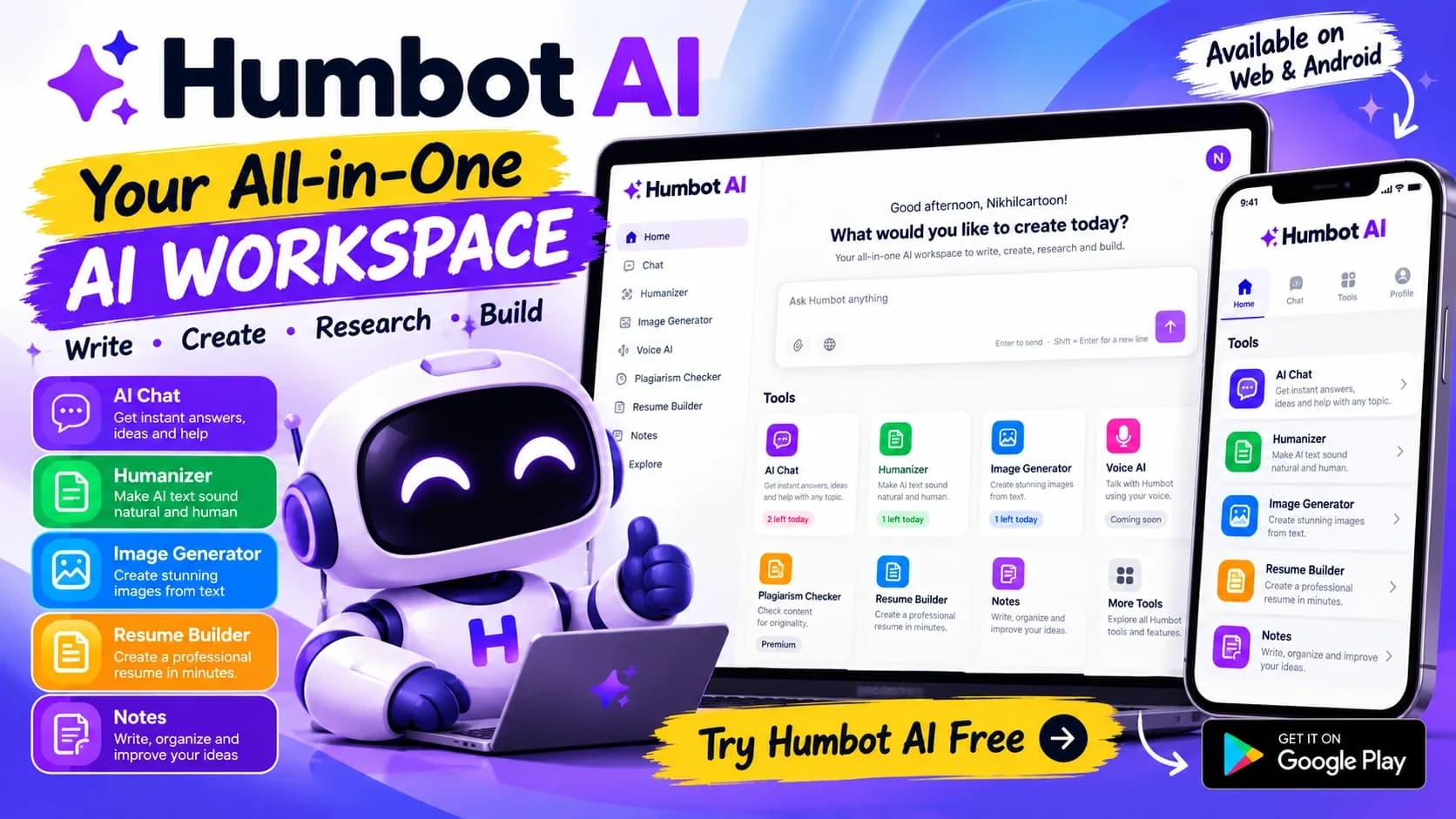 Humbot AI all-in-one workspace featuring AI Chat, Humanizer, Image Generator, and productivity tools.